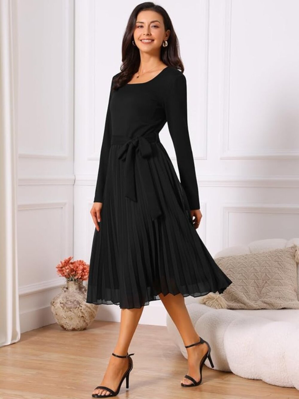 Seta T Women's Pleated Dress Crewneck A Line Flowy Casual Long Sleeve Midi Dress